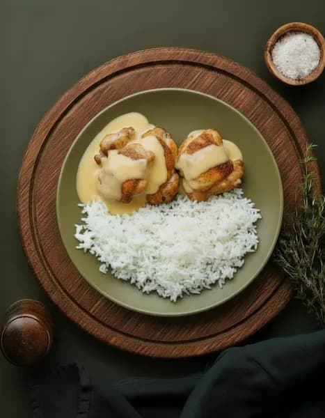 Coxa e sobre coxa grelhada ao molho 3 queijo com legumes