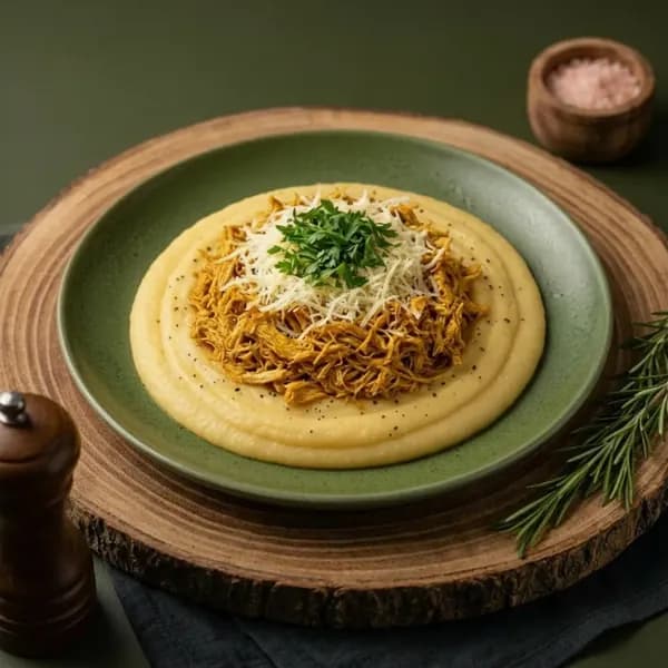 Escondidinho de frango e purê de mandioca