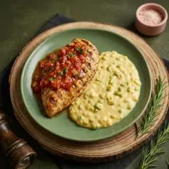 Filé de frango grelhado com arroz branco e creme de milho