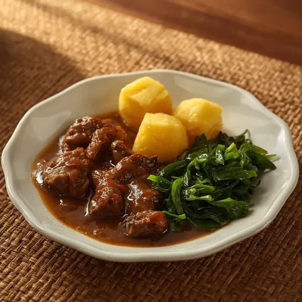 Picadinho de panela com mandioca, couve e arroz
