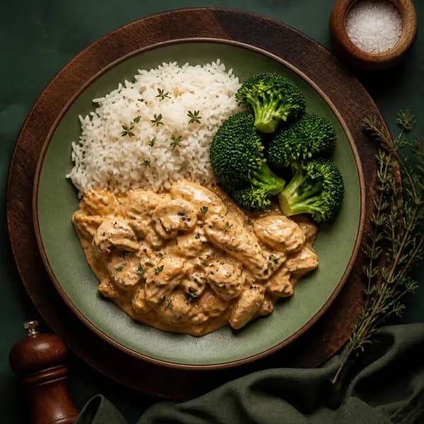 STROGONOFF DE FRANGO COM ARROZ BRANCO E BRÓCOLIS